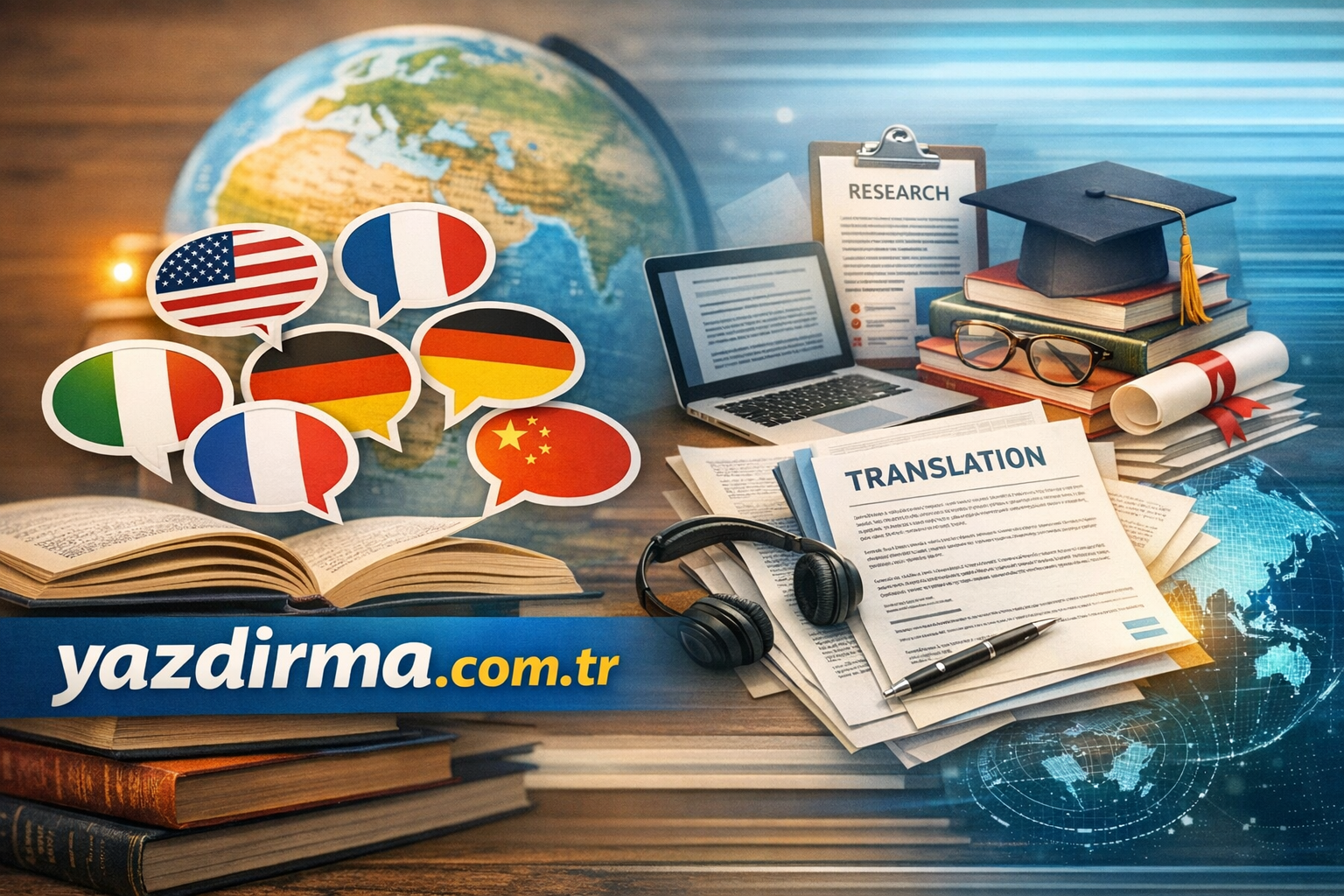 Colorful speech bubbles with national flags around a globe, in a study with books and a translation setup.