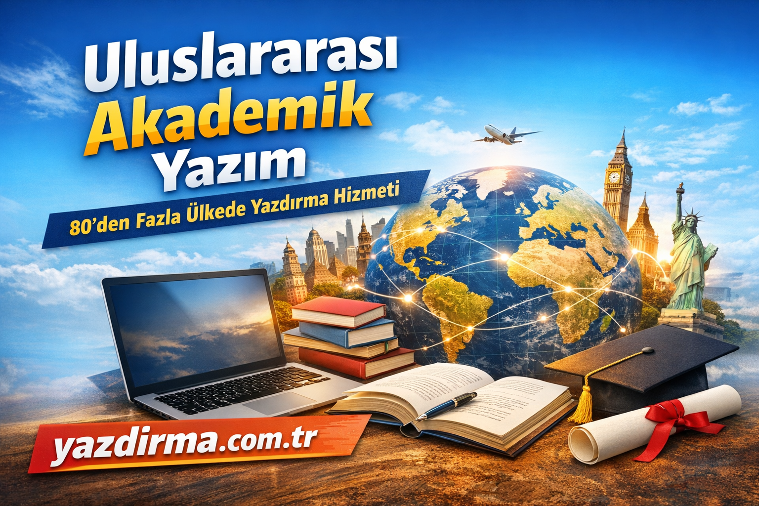 Turkish ad promoting international academic writing with a globe, laptop, books, graduation cap, diploma, and 'yazdirma.com.tr' banner.