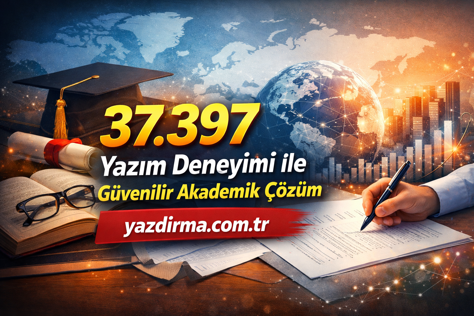 Promo banner advertising yazdirma.com.tr: '37.397 Yazım Deneyimi ile Güvenilir Akademik Çözüm' with graduation cap, globe, and documents in the background.