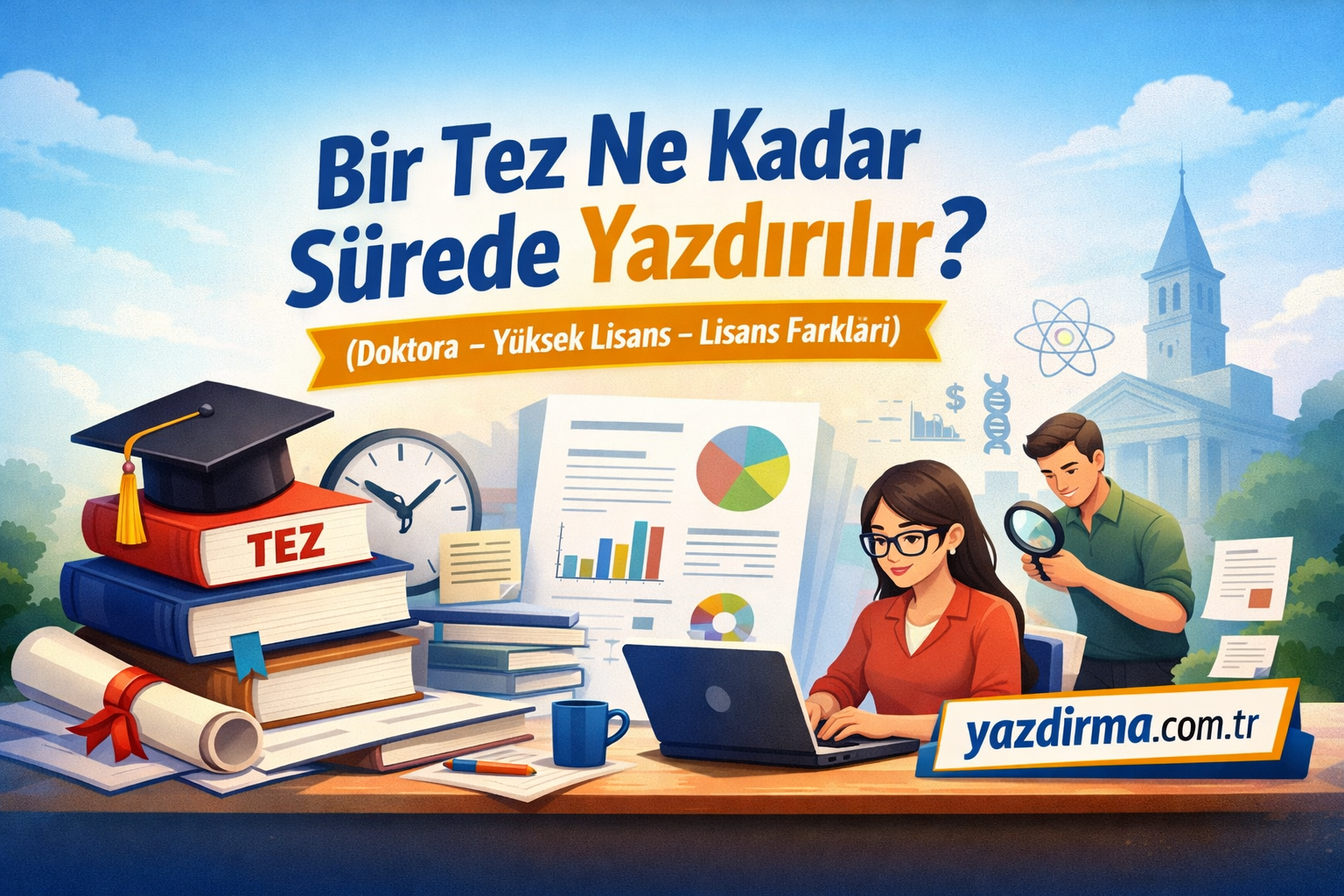 Turkish educational illustration: a desk with stacked books, a graduation cap, charts, and two researchers at a laptop with the title about thesis timing.