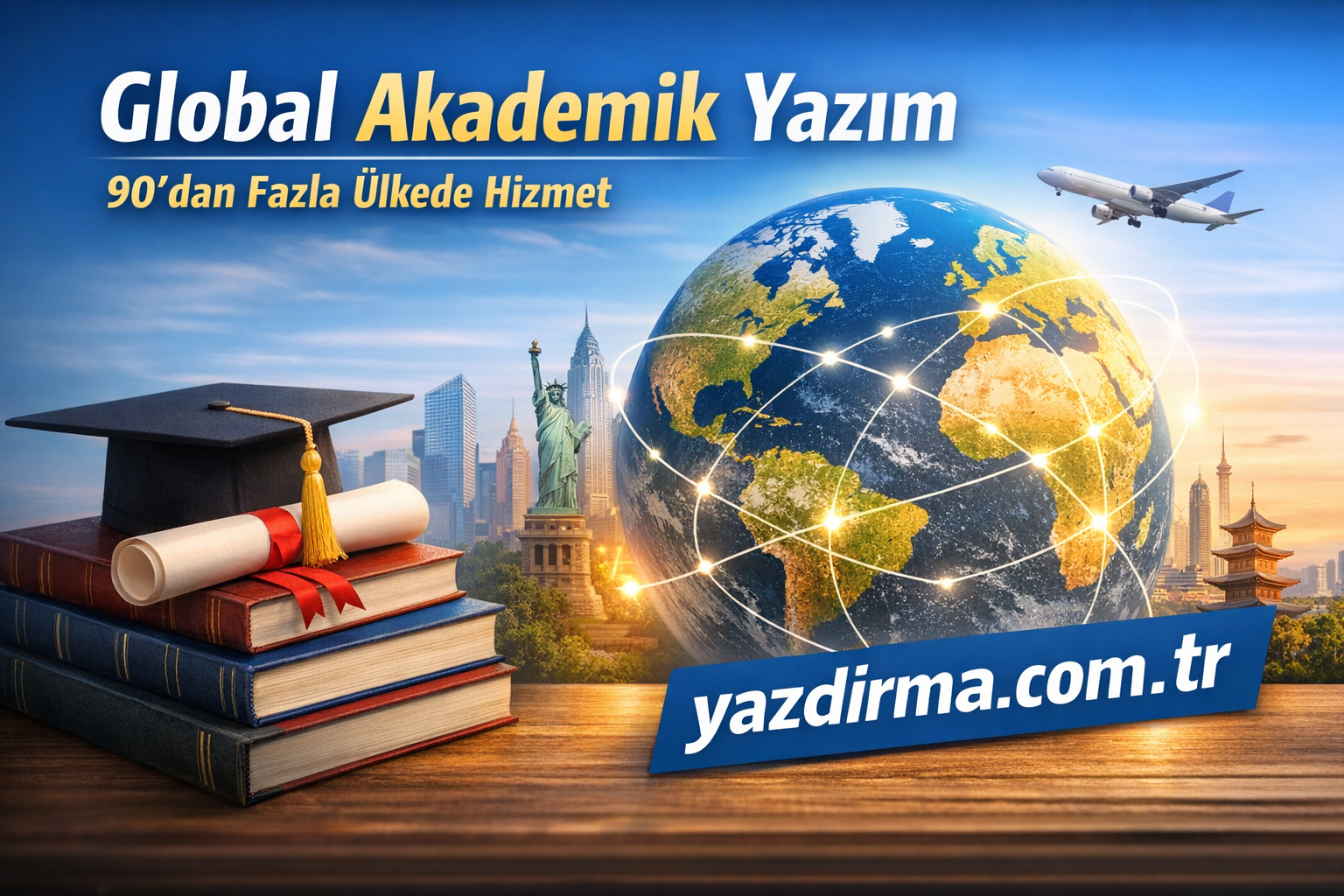 Educational banner showing globe with connected lines, an airplane, Statue of Liberty, city skyline, a graduation cap, diploma and stack of books; yazdirma.com.tr