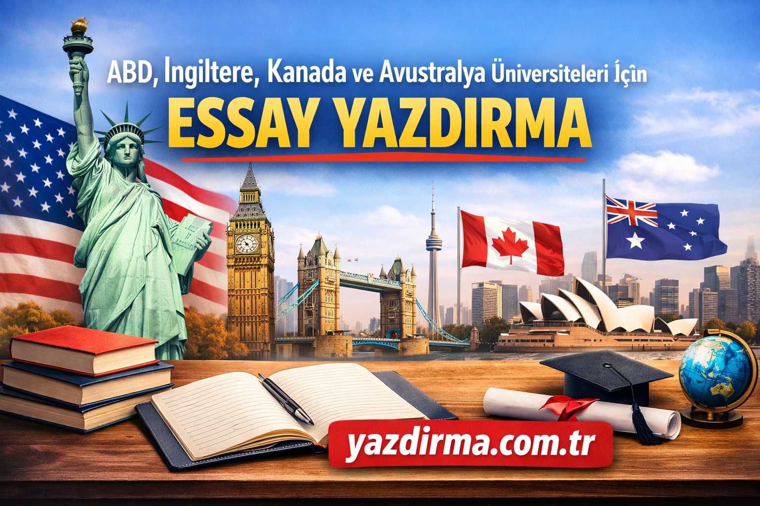 Turkish ad banner for essay-writing services to US, UK, Canada and Australia, featuring Statue of Liberty, national flags, London and Sydney landmarks, notebooks and diploma, yazdirma.com.tr.