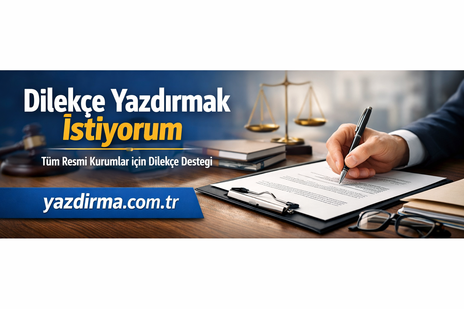 Turkish banner advertising petition printing services: scales of justice, hand signing a document, and yazdirma.com.tr on a blue strip.