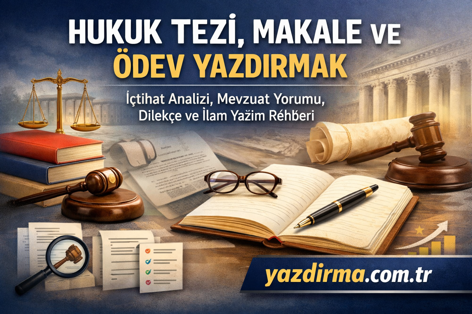 Turkish advertisement for legal thesis, article, and homework writing services; features scales, gavel, books, open notebook and pen, yazdirma.com.tr.