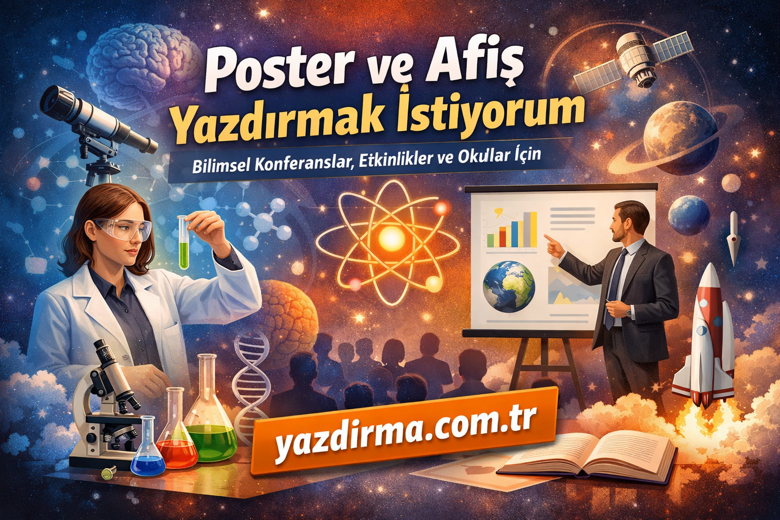Poster for science conferences about printing posters and banners; features a scientist with lab glassware, presenter with charts, space theme, and URL yazdirma.com.tr (Turkish).