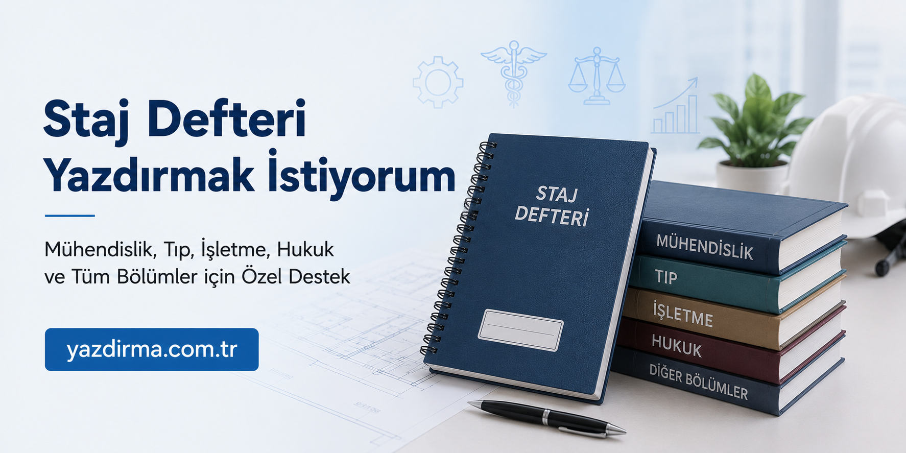Turkish ad banner for internship notebook printing: a blue spiral notebook labeled 'Staj Defteri' beside stacks of engineering and science books on a desk.