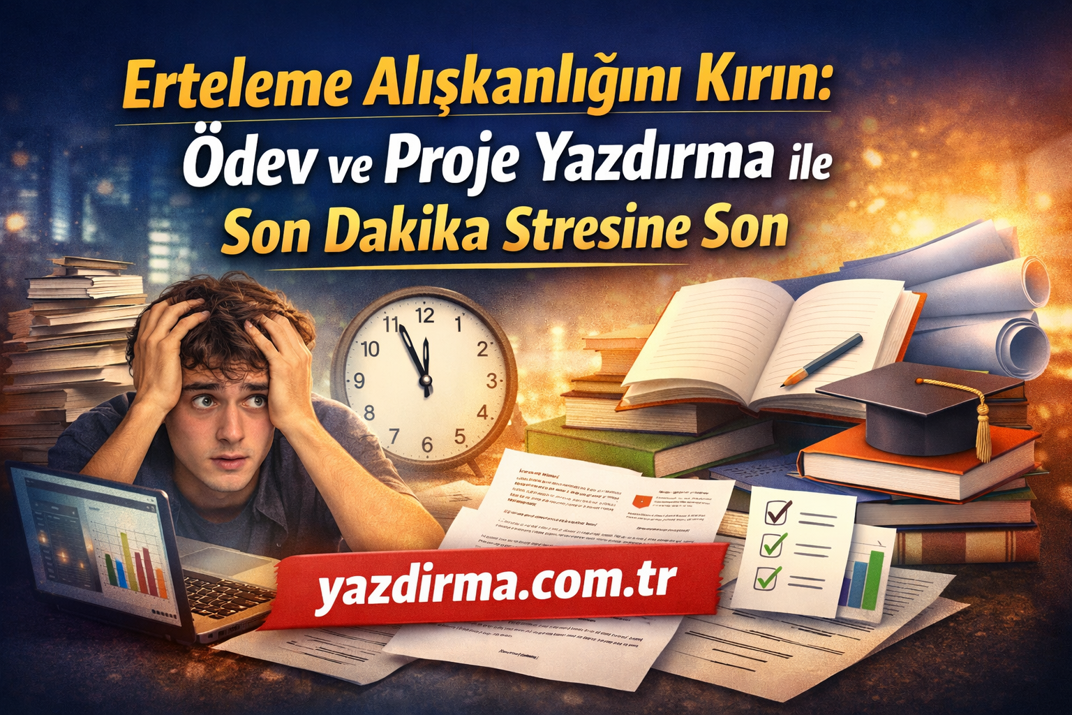 Stressful student surrounded by stacks of books, papers, and a clock, promoting yazdirma.com.tr for last-minute assignment help.