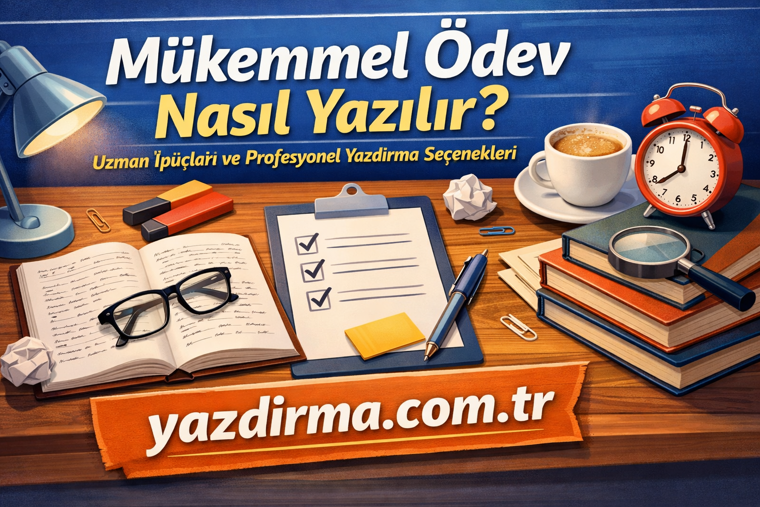Blue banner reads 'Mükemmel Ödev Nasıl Yazılır?' with a study desk scene: notebook, glasses, clipboard checklist, coffee, alarm clock, and magnifying glass over books.