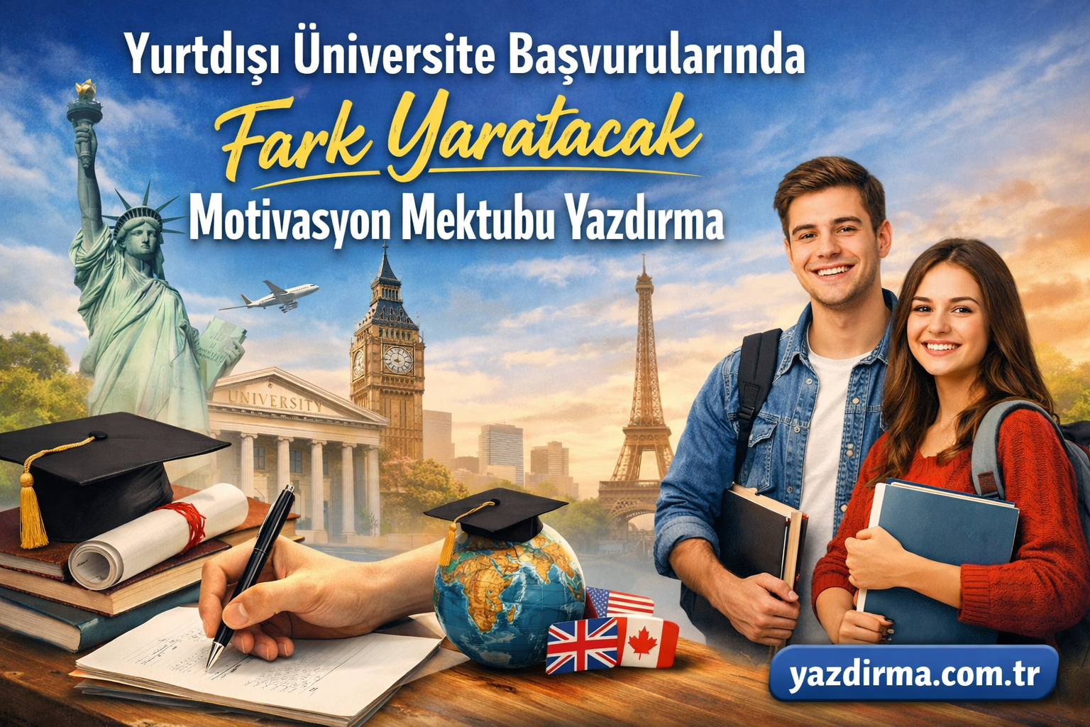 Two smiling students with backpacks beside world landmarks (Statue of Liberty, Big Ben, Eiffel Tower) promoting abroad university applications and writing a motivation letter.